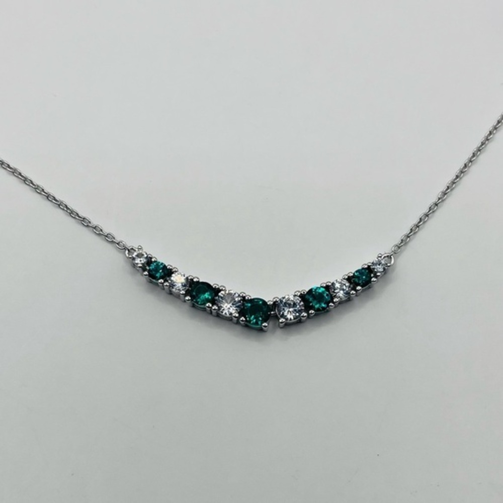 Sterling Silver Teal and White Gem V-Shaped Necklace